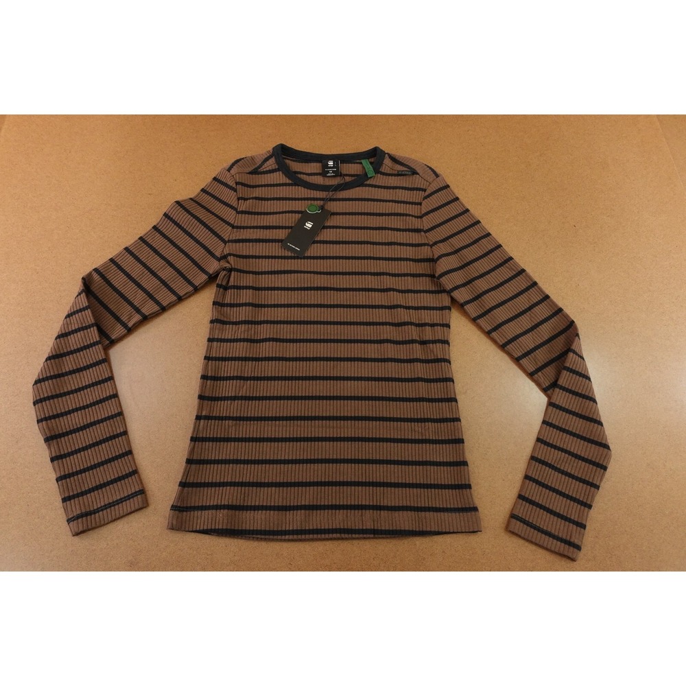 G Star Raw Womens Medium Slim Fit Brown Striped Rib Knit Long Sleeve Top NWT
